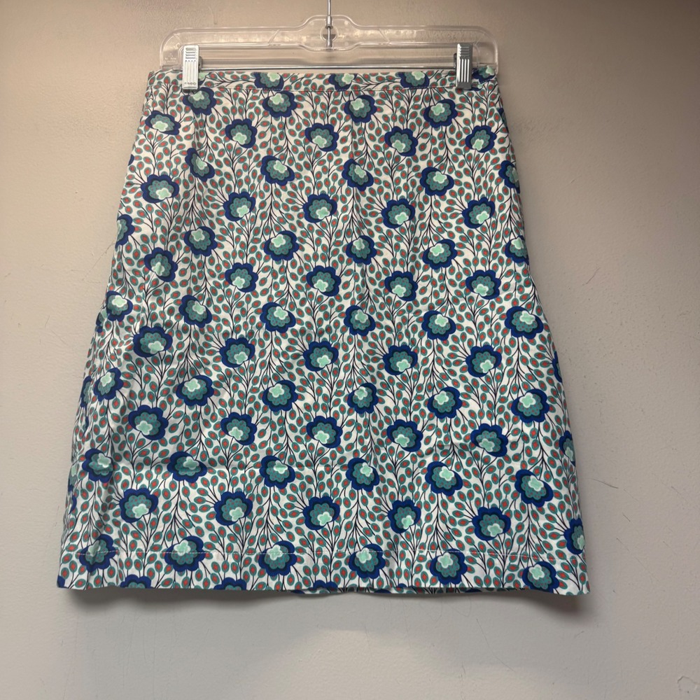Boden A-Line Skirt Women 4P Blue Floral Cotton Lined Excellent Knee Length Zip
